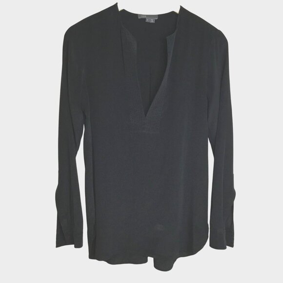VINCE Stretch Silk Long Sleeve Polo Blouse Black Size 4 Minimalist Luxury Top - Picture 2 of 10